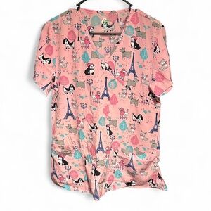 Pink dog and Eiffel Tower scrub top Size Medium #scrubs